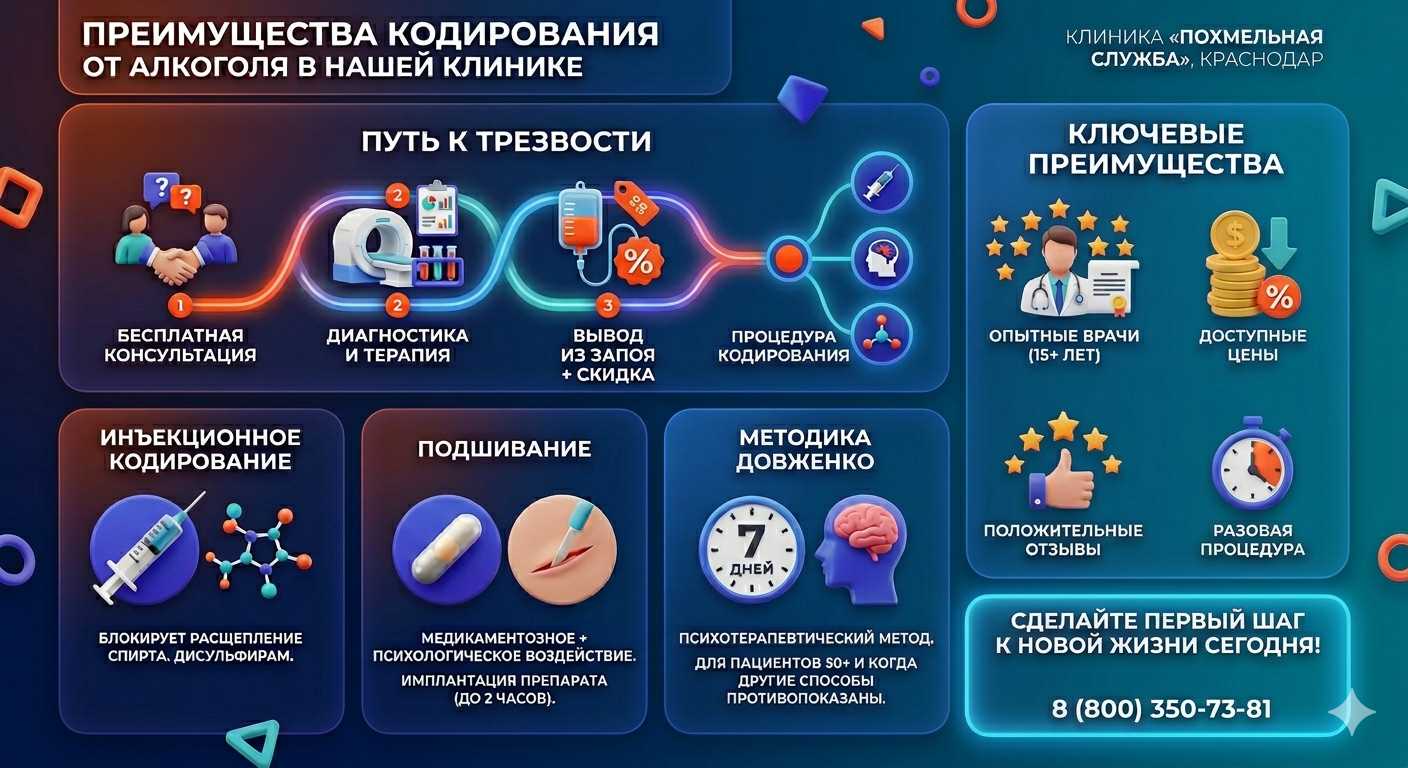 Инфографика о методах кодирования от алкоголя в Кандалакше: инъекции, подшивание, метод Довженко. Преимущества клиники и этапы лечения.