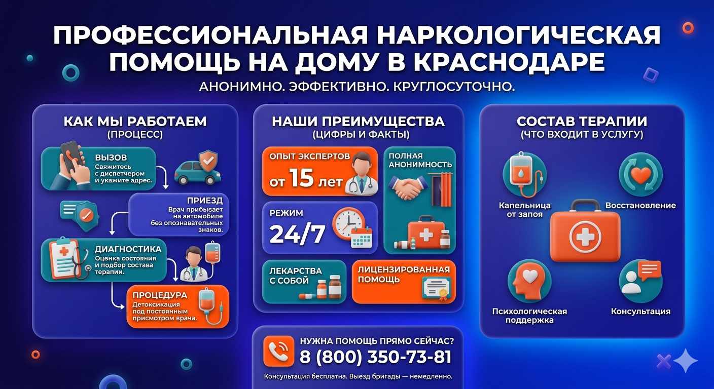 Инфографика о принципах лечения алкоголизма на дому в Кандалакше: этапы вызова нарколога, преимущества анонимной детоксикации и состав медицинской помощи.